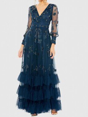 Brand New ~ Mac Duggal Navy Mesh Long Sleeve V-Neck Tiered A Line Gown, Size: 14